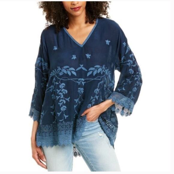 Johnny Was Teyanna Tunic Embroidered Blouse Navy Top XS - Picture 1 of 7